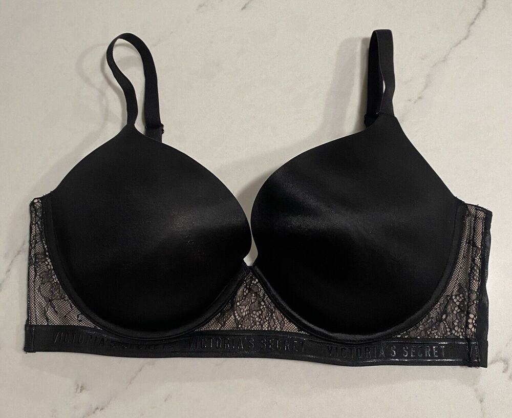 Victorias Secret Bra 38D Very Sexy Plunge Solid Black Spell Out Strap Lace